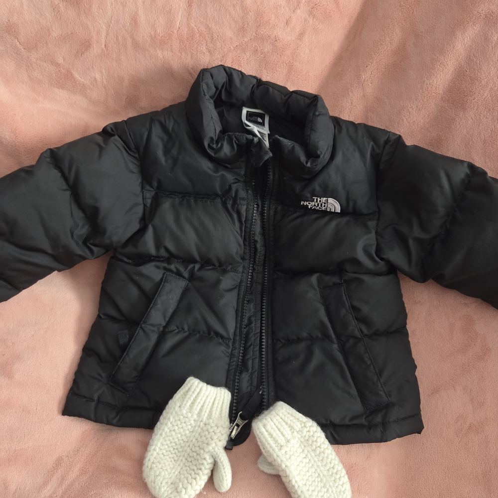 The North Face 550 Black Puffer Jacket with White Mittens